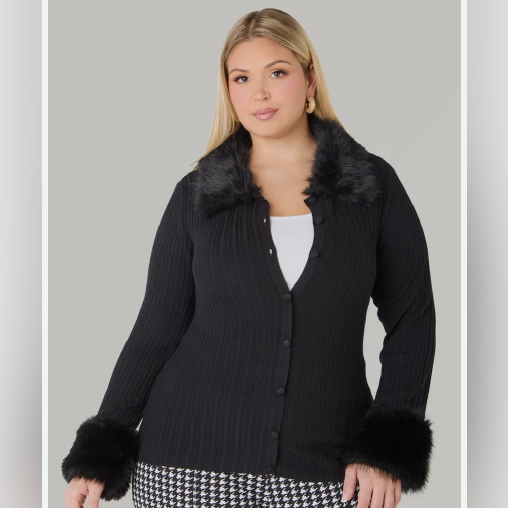 Ashley Stewart Faux Fur Trimmed Ribbed Cardigan